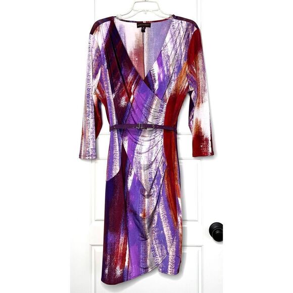 Dana Buchman Purple Surplice Ruched Belted Abstract Dress Sz XLARGE - Picture 1 of 6
